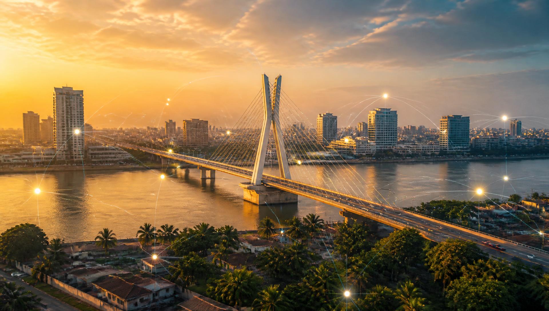 Aerial view of Lagos infrastructure at golden hour with a modern cable-stayed bridge and glowing capital-flow network